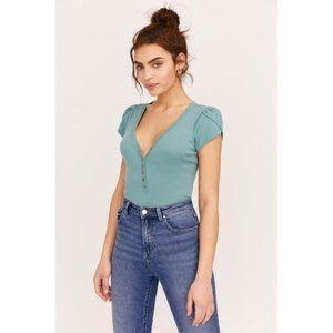 Free People Intimately Mia Bodysuit Ruched Buttoned Tulip Sleeve